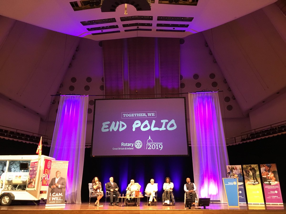 SimonEdmands's tweet photo. Many thanks to @AdeAdepitan, @JuliaRobertsTV, @MarkEsho, John Box, Colin Powell and Dr Julian Harriss for some fascinating and often very personal insights into surviving #polio at #RotaryConf2019 #Nottingham 👏🏻 #EndPolio #NearlyThere #Purple4Polio #PeopleOfAction #RotaryEffect https://t.co/UmP1ZUDwNe