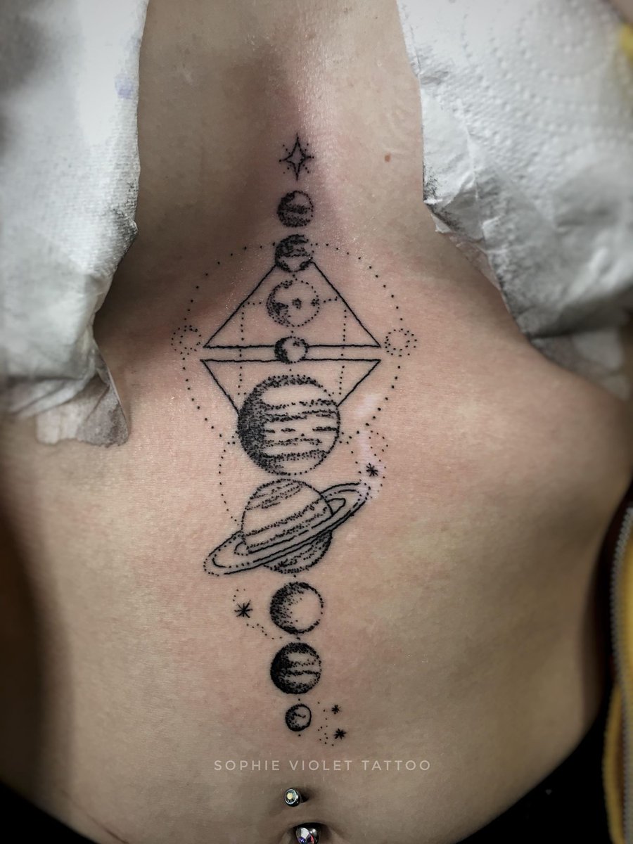 13INKTATTOO's tweet photo. We start today with another custom tattoo by Sophie Hood. With this dot work planetary sternum piece to a customers idea. We also wanted to remind you that we do have walk in spaces available for today till 6pm https://t.co/fUiabspjx2