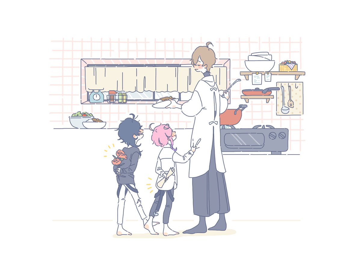 multiple boys kitchen pink hair apron cooking brown hair food  illustration images
