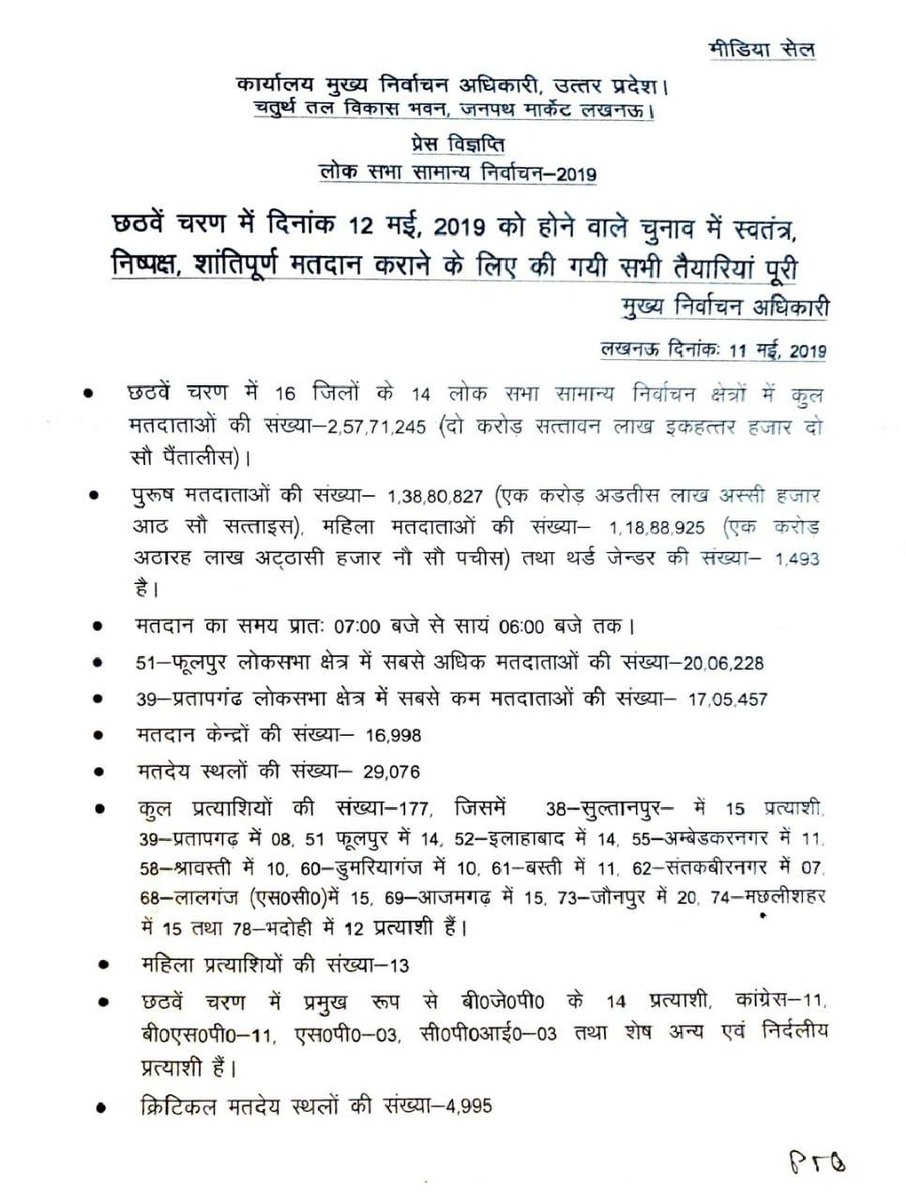 ceoup's tweet photo. प्रेस विज्ञप्ति
लोक सभा सामान्य निर्वाचन-2019
छठवें चरण में दिनांक 12 मई, 2019 को होने वाले चुनाव में स्वतंत्र, निष्पक्ष, शांतिपूर्ण मतदान कराने के लिए की गयी सभी तैयारियां पूरी।
#DeshKaMahaTyohar #IndiaElections2019 #LokSabhaElections2019 @ECISVEEP #CEOUPTalks https://t.co/hls6a9fYHT