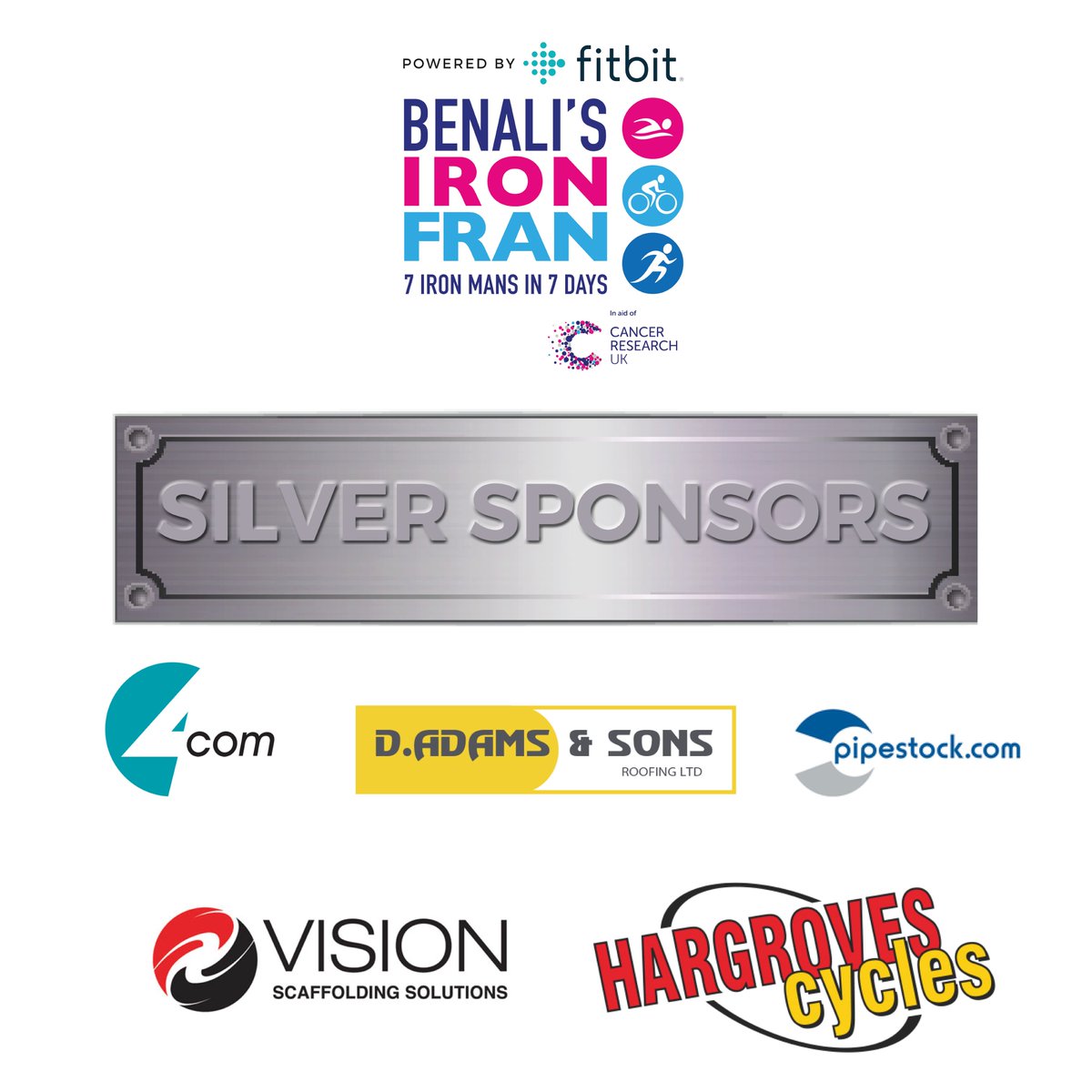 <a href="/FrannyBenali/">Francis Benali MBE</a> and the #ironfran team would also like to give a big thank-you to our silver sponsors!

Your support and incredible donations enabled us to reach that £1m milestone for <a href="/CR_UK/">Cancer Research UK</a>!

<a href="/Pipestock/">Pipestock.com</a> @hargrovescycles <a href="/visionssl/">Vision Scaffolding Solutions</a> D.Adams &amp; Sons Roofing <a href="/fourcomdesign/">Four Communication</a>