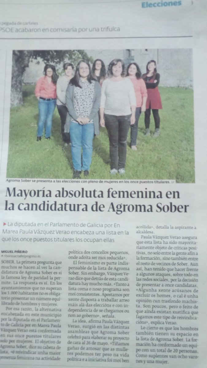 "¡Maioría absoluta femenina na candidatura de Agroma Sober!" 
👏Así nos nomean hoxe no xornal <a href="/elprogreso_Lugo/">El Progreso de Lugo</a> Somos a única candidatura de Galicia íntegramente de mulleres. #Soberpolocambio
