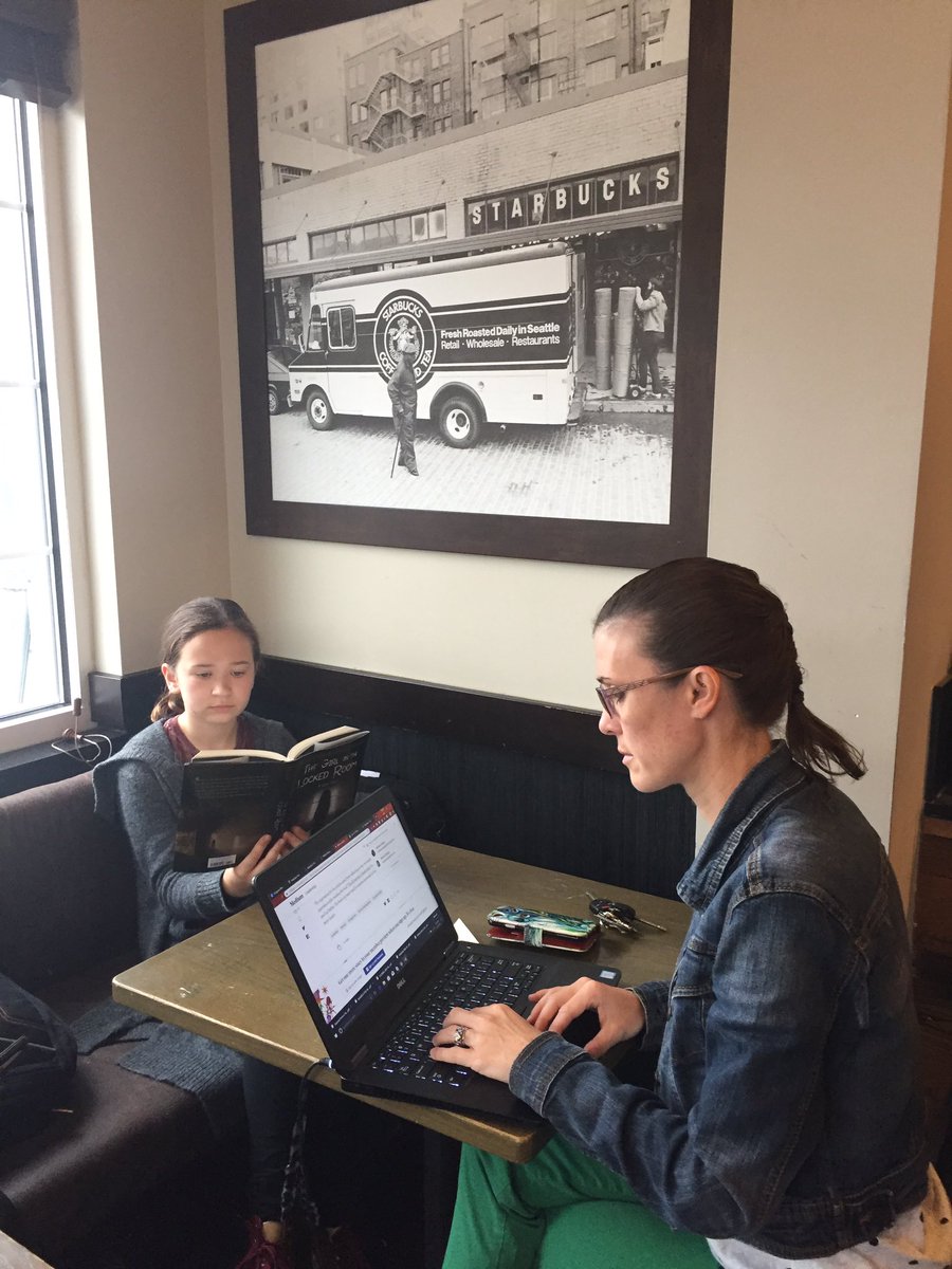 We’re at a cafe working, reading, and learning. Contemporary learners are most productive when they get to choose where they get to work. #VoiceAndChoice #ExpertLearners