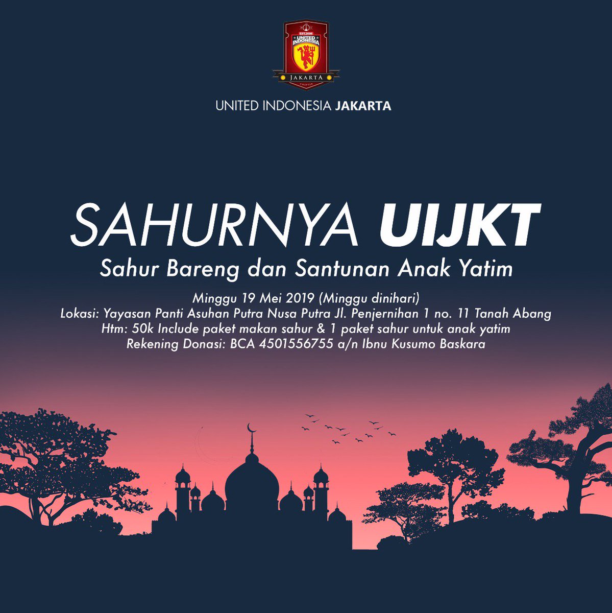 #UIJKT mengadakan acara Sahur bersama Anak Yatim Piatu di Benhil, Sahber akan langsung dilaksanakan di Yayasan Panti Asuhan Putra Nusa Putra tgl 19 Mei nanti. Jika kalian berminat langsung aja liat di gambar di bawah ini ya!
#SahurnyaUIJKT