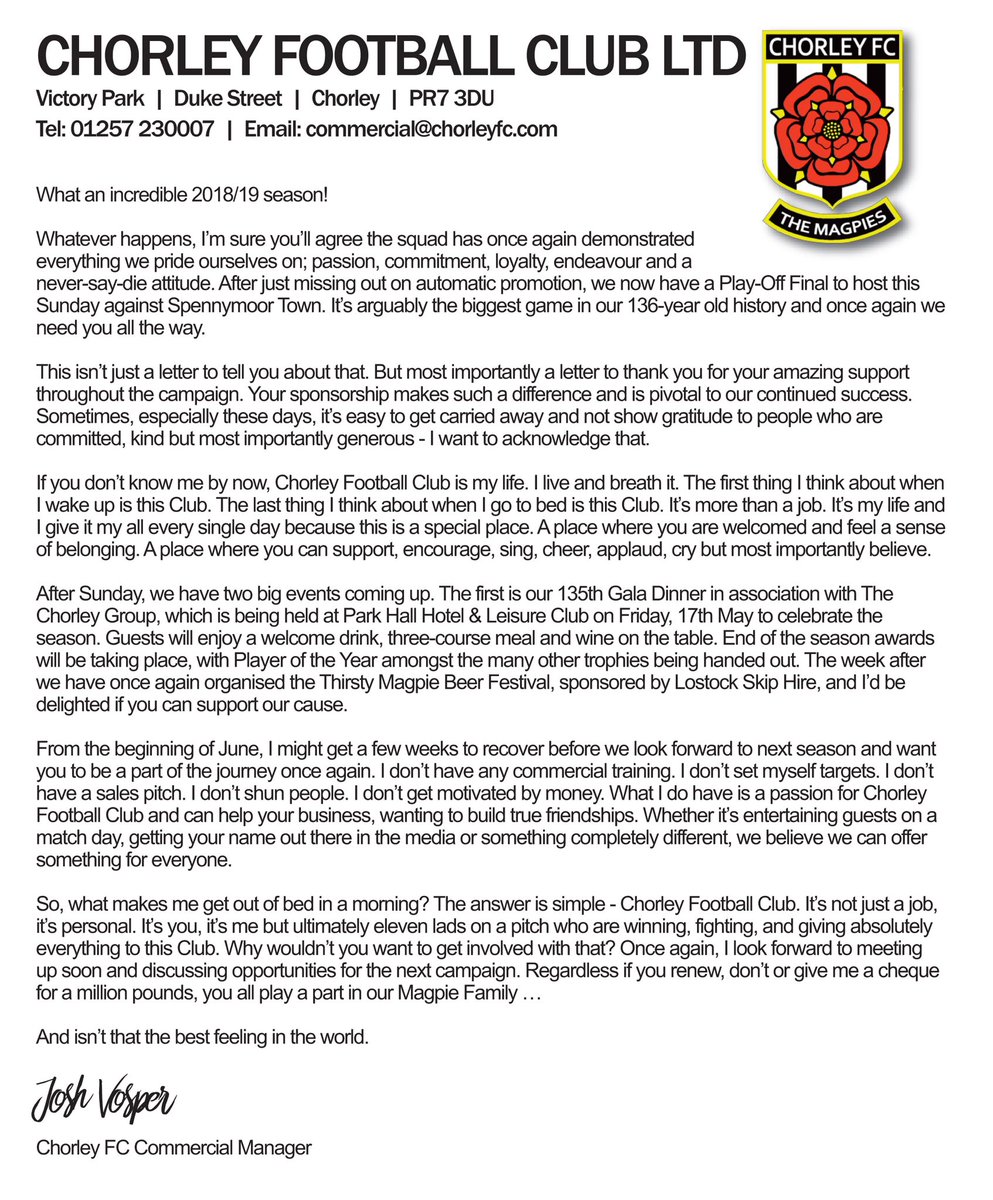 JoshVosper's tweet photo. Letters have now been sent to sponsors and partners who’ve supported us throughout the 2018/19 season 👏🏻 #MagpieFamily https://t.co/sOUXxTrapS