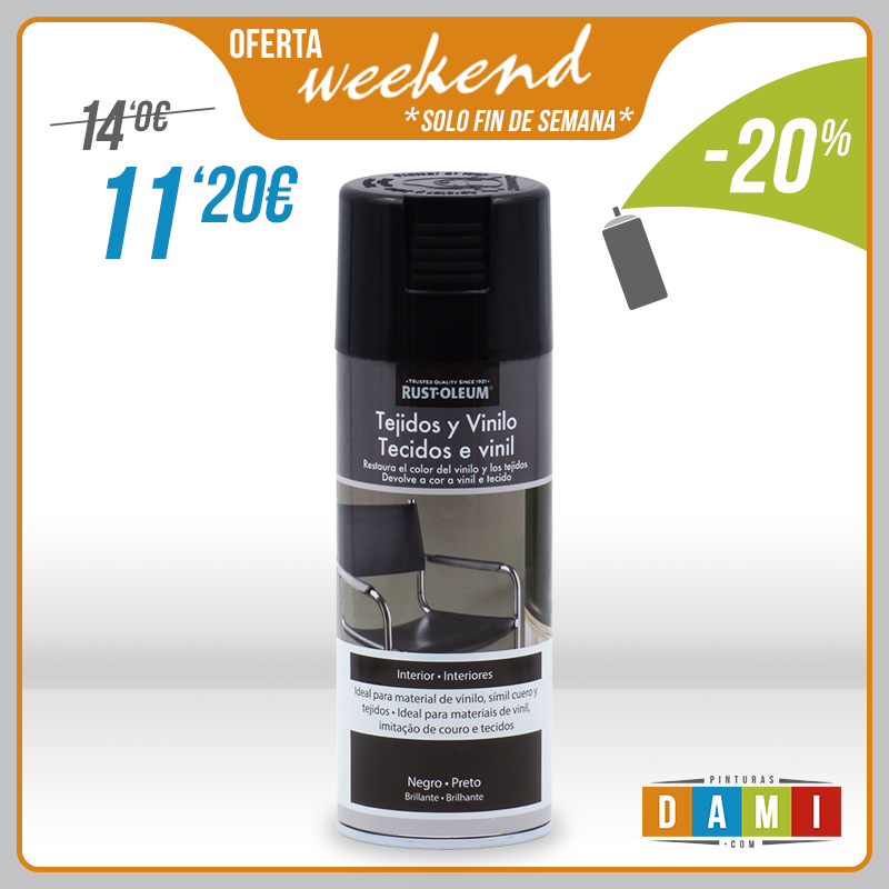 💥#OFERTA WEEKEND💥
**Solo este fin de semana**
20% de descuento en este magnífico #spray para restaurar el color de tus materiales de vinilo, simil cuero y tejidos.
#PinturasDami #TiendaDePinturas #PinturaOnline