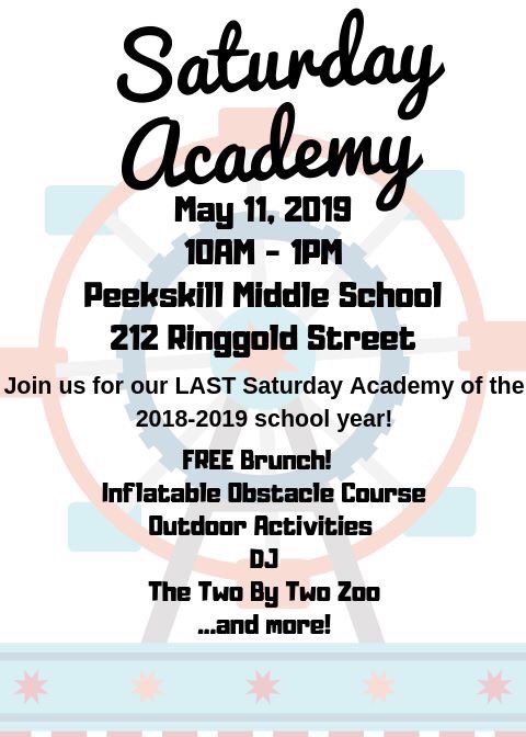PeekskillCSD's tweet photo. Today’s the day! Join us for the LAST Saturday Academy of the 2018-2019 school year! 🎈#PeekskillPride #PeekskillTogether https://t.co/ksgFCuXnEw