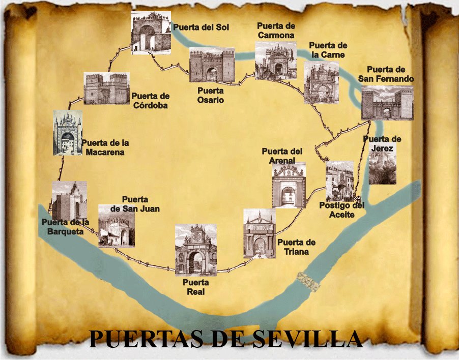 SevillaInsolita's tweet photo. Sobre un plano antiguo de la ciudad, recreación con la ubicación de las antiguas puertas y postigos de la ciudad. https://t.co/Llhp5PxtTk