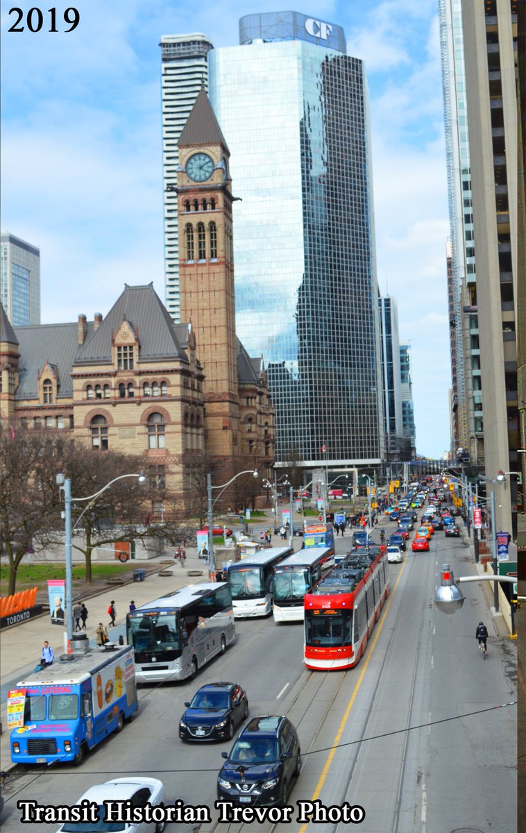TOtransitmuseum's tweet photo. Queen St. facing east to Old City Hall, 1974 &amp; 2019.

Old City Hall opened in 1899 and replaced the previous City Hall at Front &amp; Jarvis (now @StLawrenceMkt ) 

2019 photo was taken by Transit Historian Trevor, creator of #transitbricks. https://t.co/zzG3SBHn8R