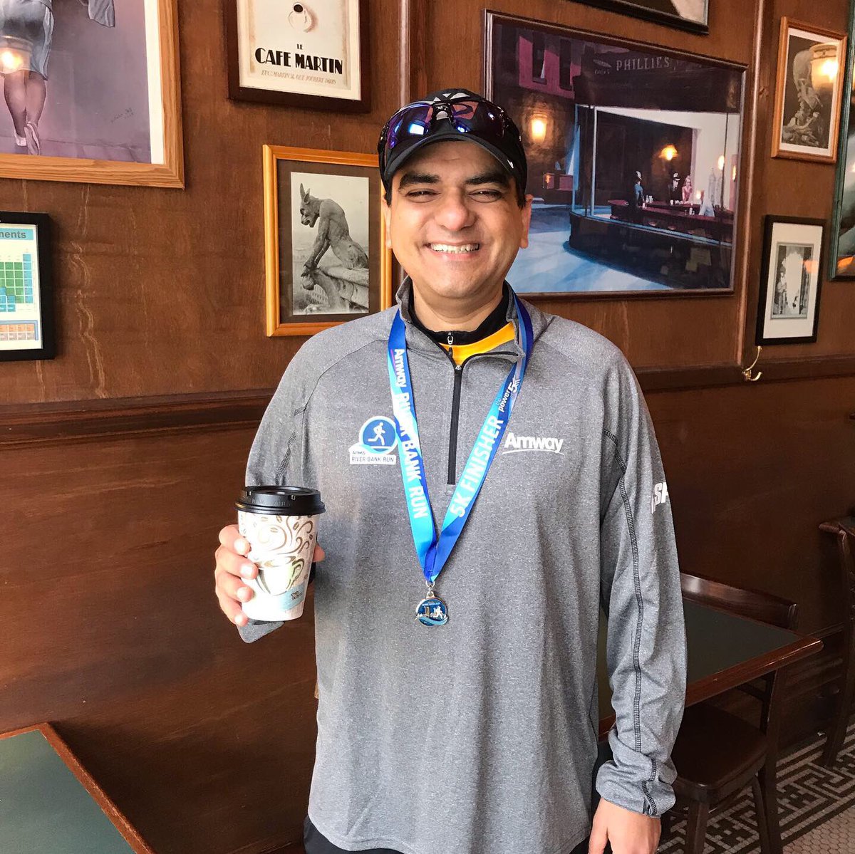 AmwayCEO's tweet photo. We had a great time racing the @amway river bank run! Thanks to the Amway volunteers and IBOs who ran and helped with the race! Made a quick stop for coffee at The Bitter End coffee shop for some caffeine after the race! Now out to experience more of the event. #rbrgr #teamamway https://t.co/Ok7T9CCUil