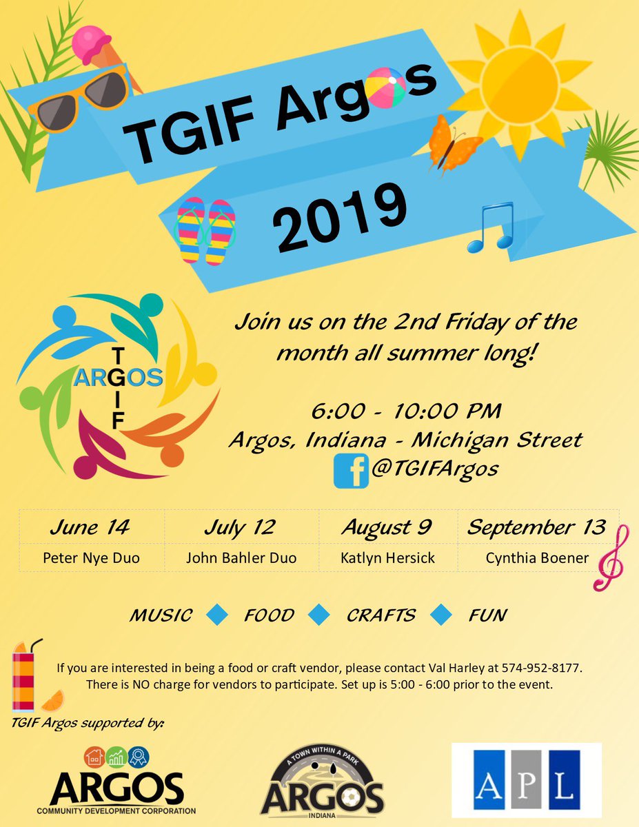 TownOfArgosIN's tweet photo. Join your neighbors, friends, and family this summer and head out to #TGIFArgos. https://t.co/p93ydvkb5x