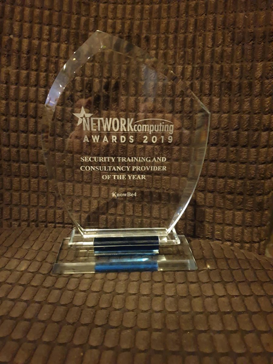 KB4People's tweet image. Our UK and Ireland team had the great honor of accepting first place for “Security Training and Consultancy Provider of the Year” in London! #internationalknowsters #kb4people #NetworkComputing #SecurityAwareness #companyculture