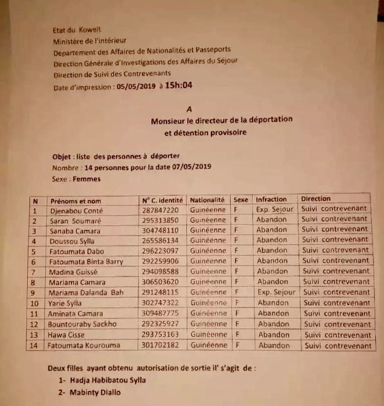 #Information Guinéennes bloquées au Koweït 🇬🇳

16 Guinéennes sont arrivées à #Conakry en provenance du Koweït via Ethipian Airlines à 16h30 hier vendredi.. #Kibaro #Team224
🔗 m.facebook.com/guineennedu21e… 
La liste ⬇️
