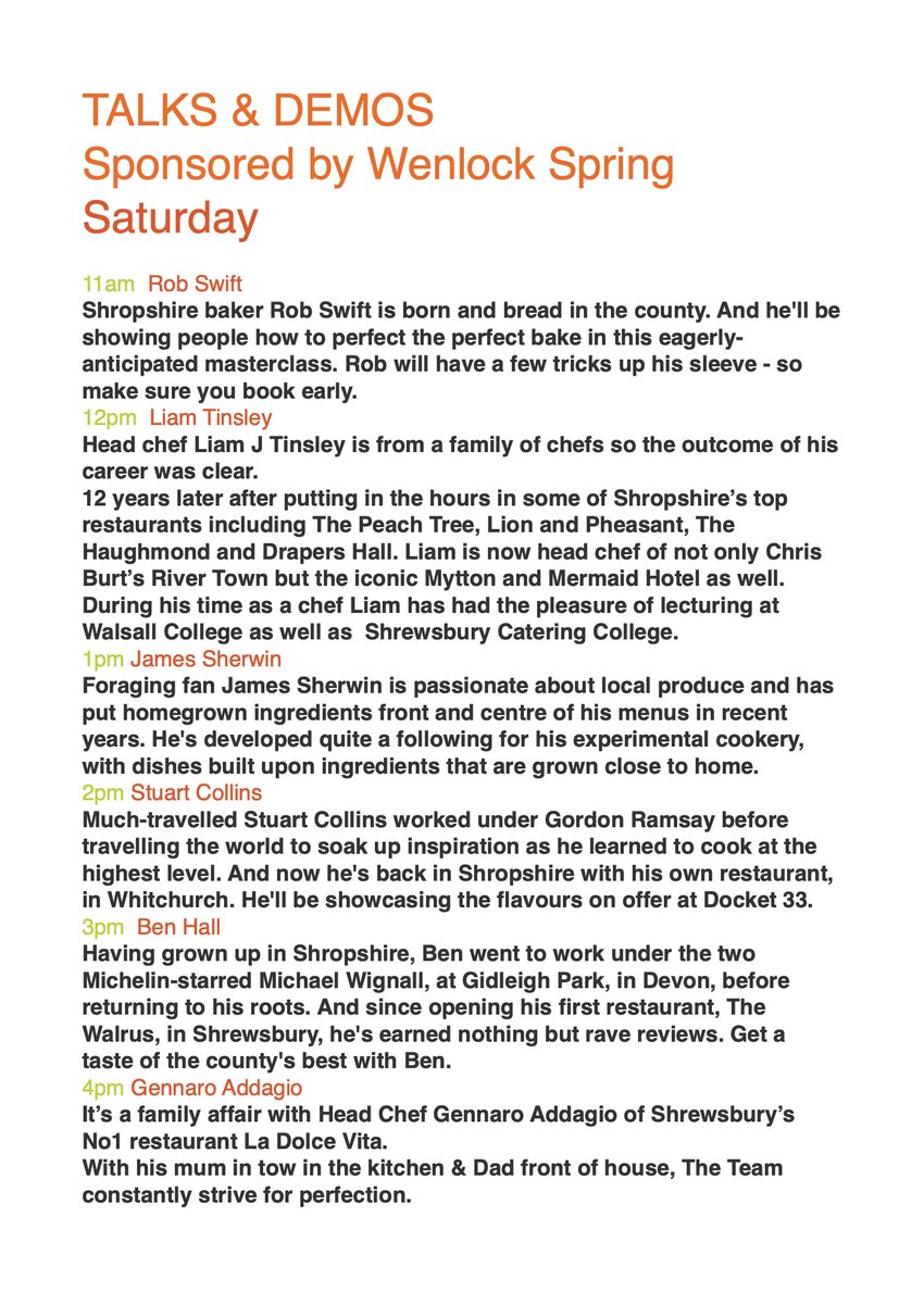 chrisburtchef's tweet image. Dont Forget @shrewsfoodfest 29th &amp;amp; 30th June - here is the schedule for the @Wenlock_Spring Chefs Stage - Read It, Digest It, BE THERE - @KarlMartinChef @mskingredients @Paulfosterchef @ChefBradCarter @garethwardchef @leo_kattou @bread2bake12 @chefliamjames @_stucollins