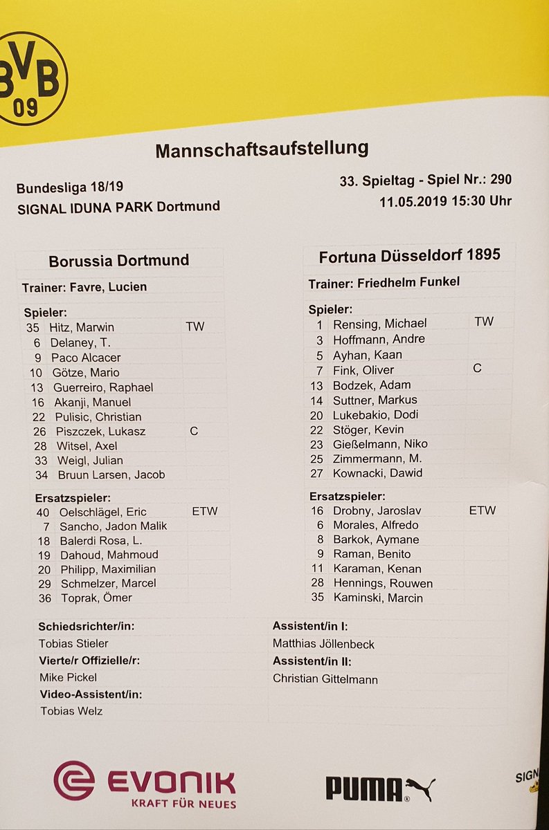 westline_de's tweet photo. Und hier sind die Aufstellungen. #Hitz steht heute für #Bürki im Tor, der aufgrund muskulärer Probleme passen muss. #BVBF95 #BorussiaDortmund #FortunaDüsseldorf #Bundesliga https://t.co/oe76FcZj0F