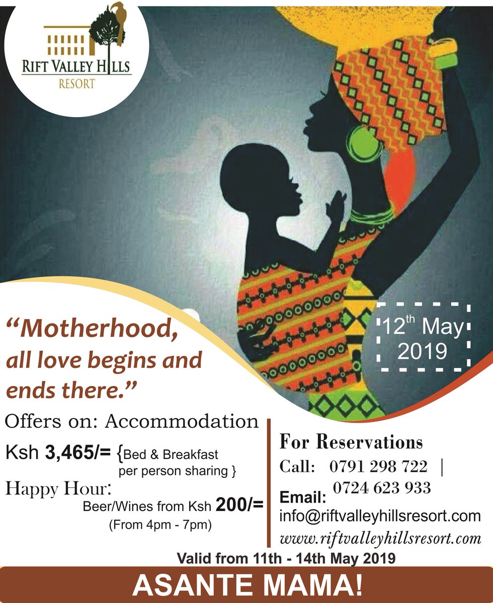 rifthills's tweet photo. Celebrate mothers day in style by treating your mom, wife or mother figures in your life with our special discounts on accommodation and a Happy hour to hype up the celebration. 💃🍹👩🌍🧳🥰 🍻🍷
#mothersday #maymothersday  #momsday #riftvalleyhillsresort #accomodation #happyhour https://t.co/IqOOThL2Hy