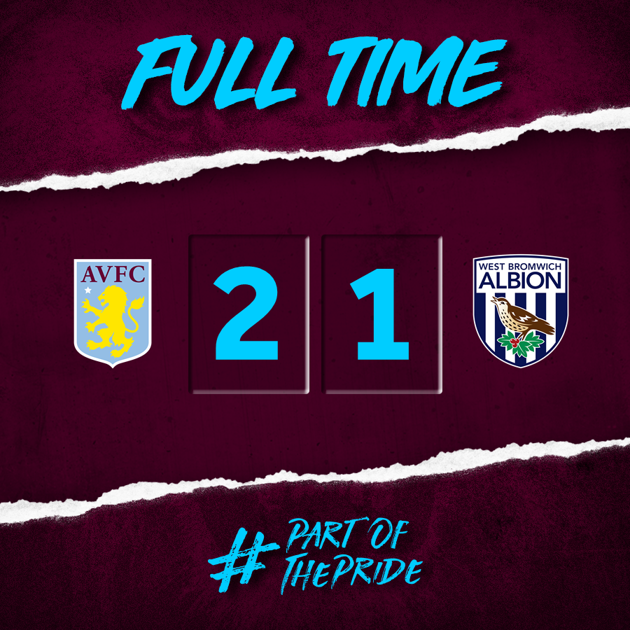 FT: #AVFC 2-1 #WBA

That's it! We come from behind to secure a Play-Off semi-final advantage. <a href="/ConorHourihane/">Conor Hourihane</a> and @TammyAbraham on target in the space of a few minutes. Huge second leg to come on Tuesday now.

#PartOfThePride