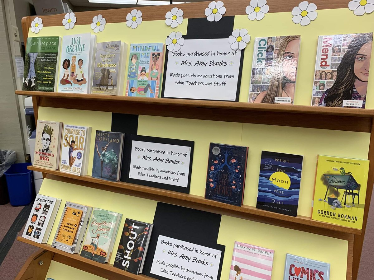 EdenCSD's tweet photo. Earlier in this school year, we lost our beloved school counselor, Amy Banks. Her legacy will live on in many places, including the Middle &amp; High School Library. With the generous donations from our three buildings, we were able to purchase various library books. https://t.co/TfnChOYoqq