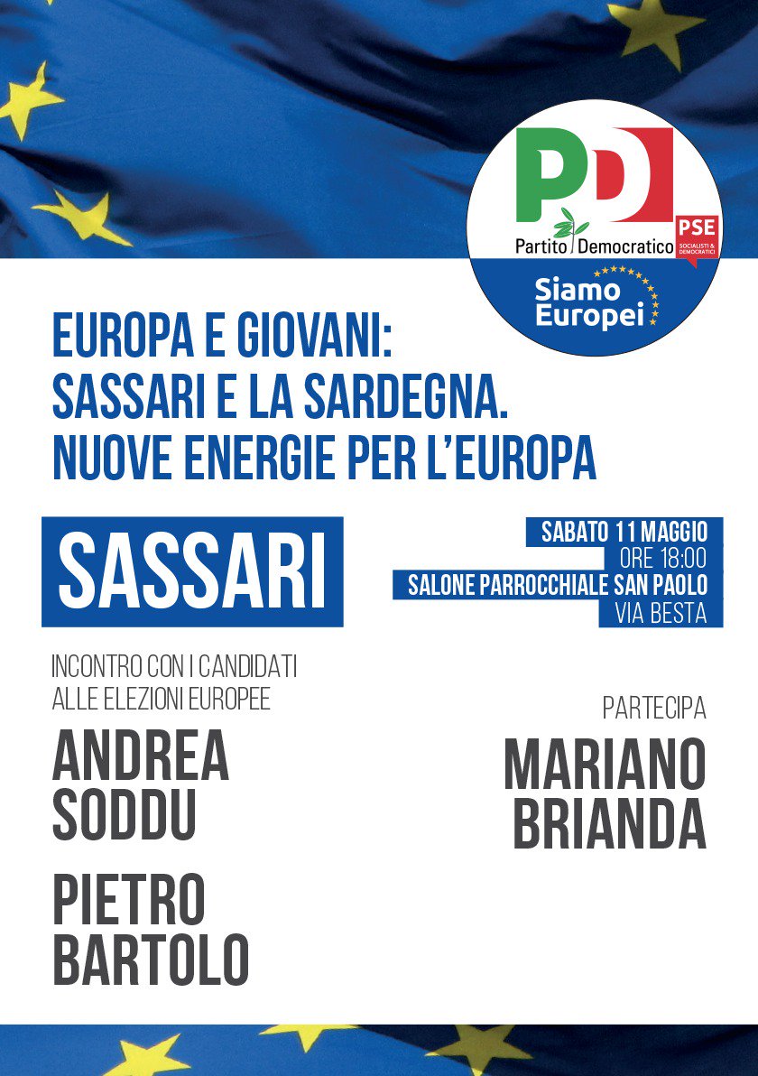 SASSARI  E LA SARDEGNA, NUOVE ENERGIE PER L'EUROPA 

Alle 18:30 il nostro candidato alle elezioni europee Andrea Soddu sarà a #Sassari con Pietro Bartolo e il candidato sindaco del centrosinistra Mariano Brianda.

#europee2019