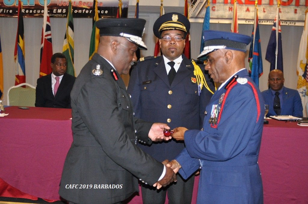 Chief Fire Officer Errol V. Maynard (Barbados Fire Service) has been elevated to the post of President of the Caribbean Association of Fire Chiefs. Chief Maynard accepted the instrument of office from Bermuda's Fire Chief Reginald L Burchall. #CAFC2019 #FireChiefs #Conference
