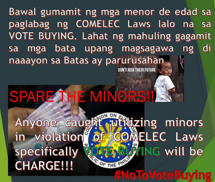 PNPCordillera's tweet image. Paalala sa lahat....

 Anyone caught utilizing minors in violation of COMELEC Laws specifically VOTE BUYING will be CHARGE!!!
 #StopVoteBuying
 #SpareTheMinors