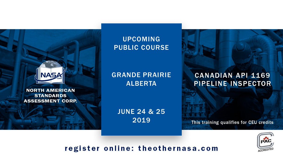 NorthAmStd's tweet photo. API 1169 course has been added for Grande Prairie June 24 and 25. Training covers mandatory Canadian deviations and additions. #API1169 #Z662 #pipeline #oilandgas @OilGasCanada @GrPrChamber @BCOGC @AER_news @PembinaPipeline @TransCanada @Enbridge @fortstjohn @citydawsoncreek https://t.co/53dfhsEV3C