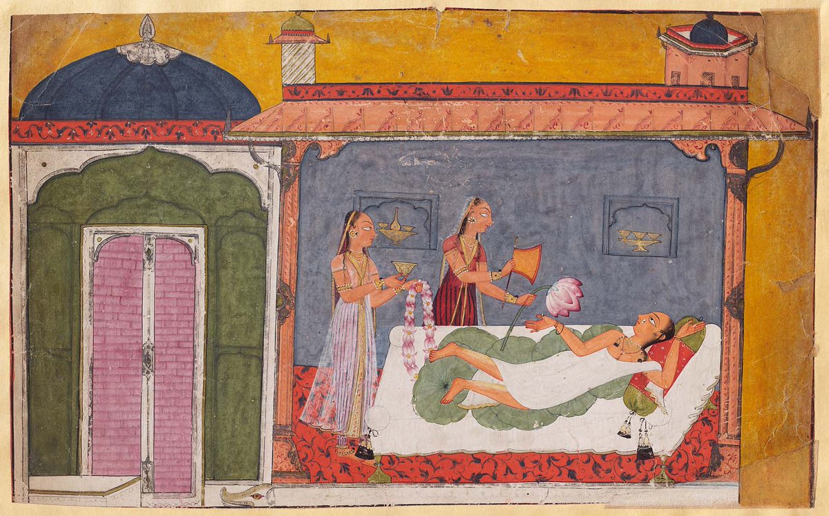2. Virahotkanthita Nayika (One Distressed by Seperation)The heroine (Utka) is the distressed  #Nayika pining for lover who has failed to return home. Usually depicted sitting, standing, lying on a bed or out in the pavilion.This c1700  #Pahari painting frm  #Mankot, now  @mfaboston