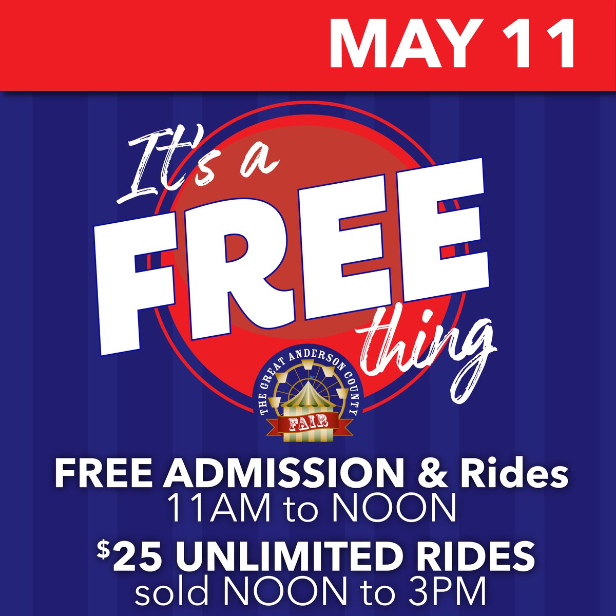 AndersonFair's tweet image. FREE Admission &amp;amp; Rides: 11AM-Noon; $25 Unlimited Rides: Noon-3PM (Sold noon-3pm, good till close; Must purchase Hand Stamp before 3pm) #promotime #itsafairthing