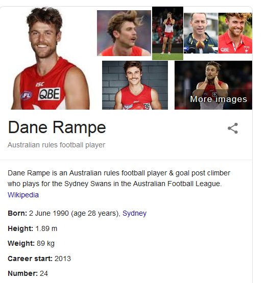 FreoPope's tweet photo. When Wikipedia vandalism isn't removed quickly enough and google picks it up.
#Rampe
#GoalPostGate
#AFLSwansDons https://t.co/uVRbouXvfh