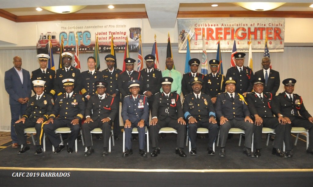 The delegation of CAFC Fire-Rescue and EMS Chiefs during the Opening Ceremony of the Caribbean Association of Fire Chiefs 2019 Conference in Barbados. #CAFC2019 #FireChiefs #Conference #Barbados