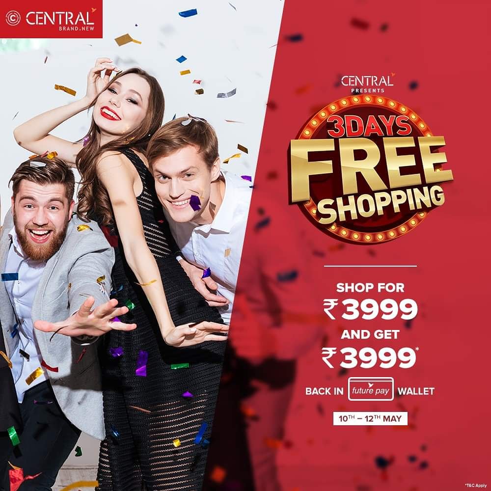 IndoreCentral's tweet photo. Shop for Rs.3999 and everything will be given back to you in Central wallet powered by Future Pay as Rs. 400 monthly credit for 10 months on 21st of each month from May'19 to Feb'20. Offer valid from 10th - 12th May. Shop it big at #IndoreCentral!
Head to the store now. https://t.co/2KOgSD7vI4