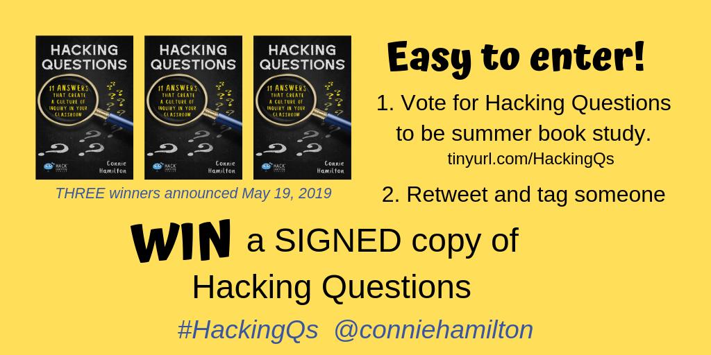 conniehamilton's tweet photo. HELLO #whatisschool #CreateEDU #MOEchat 

Want a FREE - signed copy of #HackingQs? 

1. Click here &amp; vote for Hacking Questions: https://t.co/01rnrj3cZ8

2. Retweet this post &amp; tag someone. 

THREE winners announced May 19 in #HackLearning chat.

Amazon: https://t.co/IGkHVQ6erD https://t.co/fBWRIFliVN