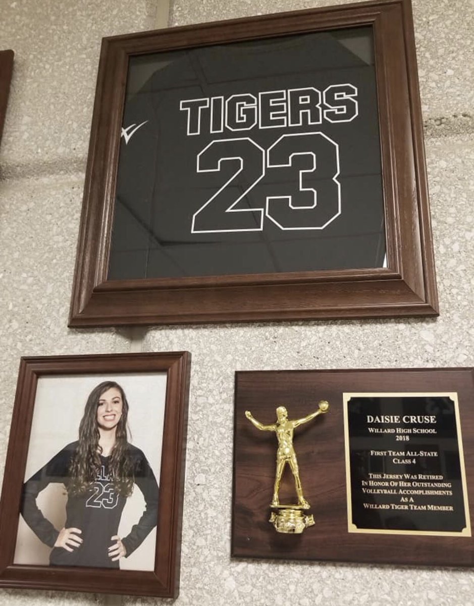 Willardvball's tweet photo. Daisie's jersey is officially retired in the hall at WHS!! Congratulations Daisie Cruse!! ALL-STATE 2018πππ @WillardSports https://t.co/2T7CJvRtQh