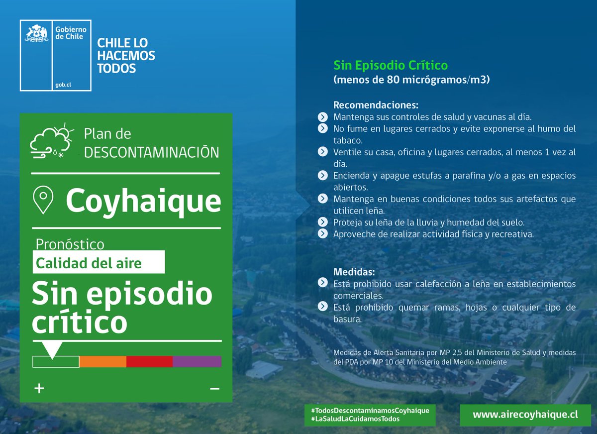 SeremiSalud_XI's tweet photo. Para mañana  domingo 12 de mayo se pronostica calidad del aire SIN EPISODIO CRÍTICO para Coyhaique. Más información en https://t.co/yLNvRZK4Q6 
#TodosDescontaminamosCoyhaique #LaSaludLaCuidamosTodos https://t.co/3hP7DSq8bR