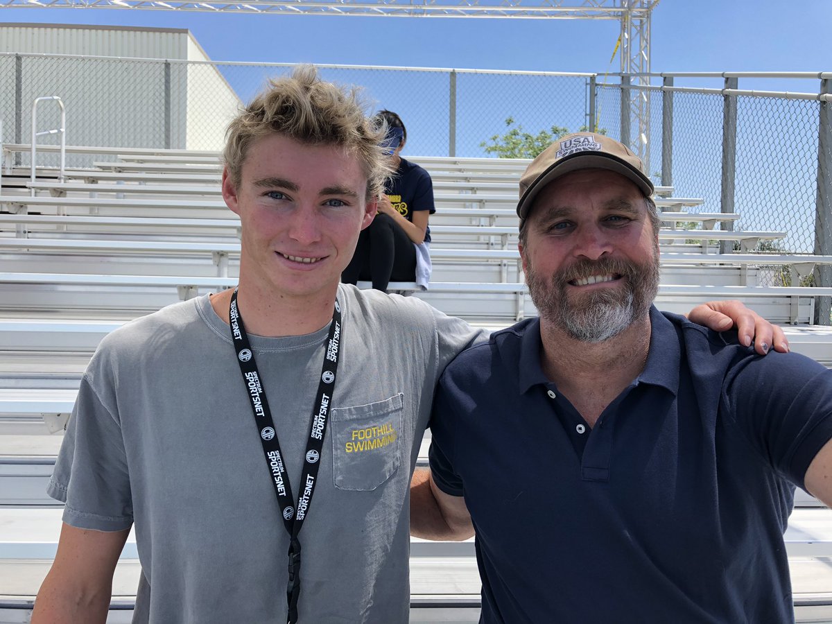 A special moment for Father and Son before CIF State swim meet: Foothill senior and #unlv bound Chris Mykkanen with dad, 1984 Olympic silver medalist John Mykkanen of El Dorado, both <a href="/Novaquatics/">NOVA Swimming</a> <a href="/Sprintsalo/">Dave Salo</a> <a href="/KLaMont/">Ken LaMont</a> <a href="/fhsaquatics/">Foothill Aquatics</a> <a href="/janetevans/">Janet Evans</a> <a href="/EDHS_athletics/">EDHS athletics</a> <a href="/USASwimming/">USA Swimming</a> 🏊‍♂️💦💯
