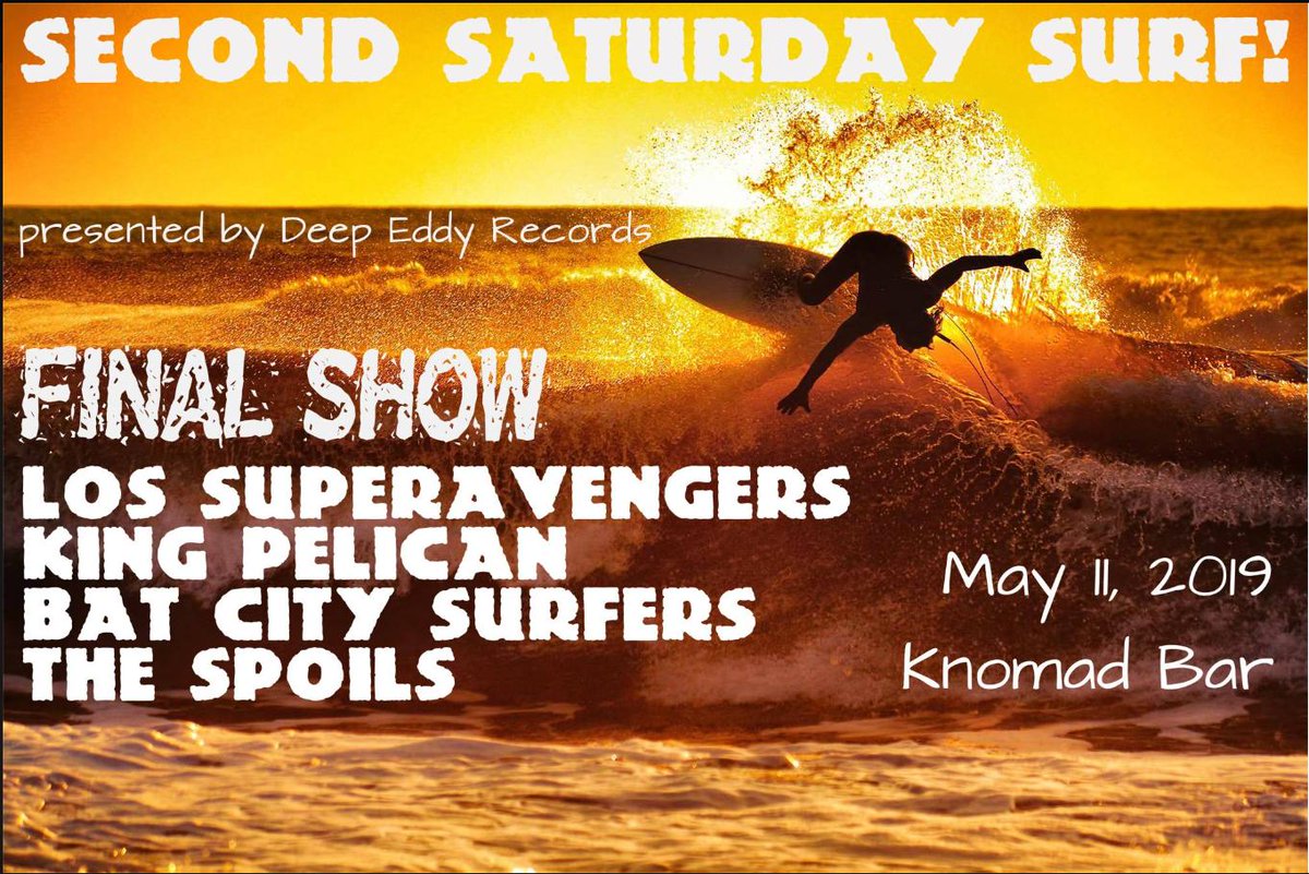Last ever Second Saturday Surf TONIGHT 10pm @nomadbar Austin with <a href="/LSAsurfrock/">Los Superavengers</a> <a href="/k_pelican/">King Pelican</a> <a href="/BatCitySurfin/">Bat City Surfers</a> and Spoils <a href="/AustinTXSurfs/">Austin Surfs</a> <a href="/SurfAustin1/">Surf Austin®</a> <a href="/Bat_ToneRecords/">Bat-Tone Records</a>