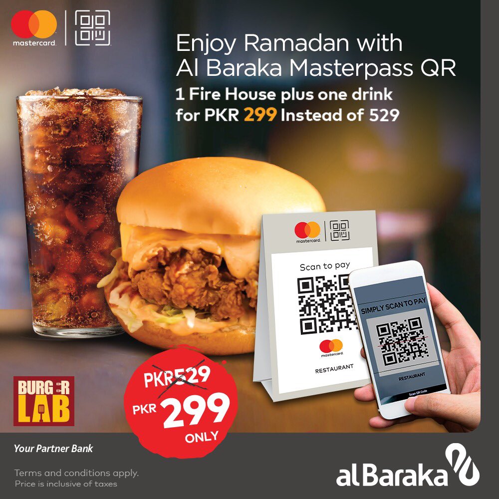 AlBarakaPak's tweet image. Al Baraka is excited to extend our most running deal at Burger lab further in the entire month of Ramadan. 

Buy 1 fire house chicken burger plus one drink at 299 instead of 529

Terms and conditions apply. 

#AlBarakaPk #BurgerLab #IslamicBanking