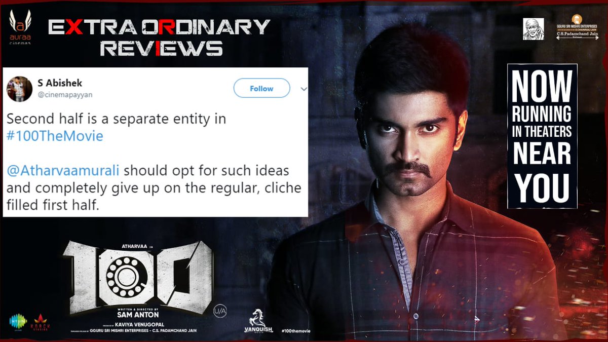 StudioFramesIn's tweet photo. Tremendous Reviews From Critics For #100TheMovie #100Review 

@Atharvaamurali @ihansika @samanton21 @samcsmusic @iYogiBabu @auraacinemas @cskishan @VanquishMedia__ https://t.co/NxVhw2vFGE