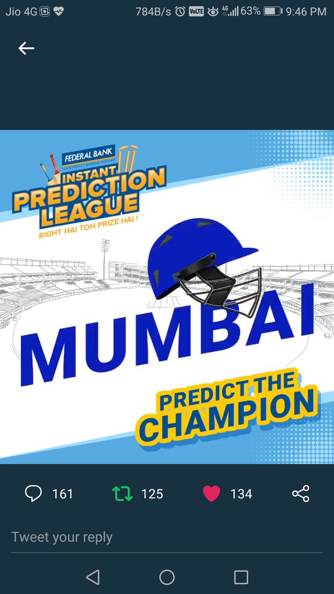 diva_tulipss's tweet photo. @FederalBankLtd Mumbai Indians will win IPL 2019.
#InstantPredictionLeague
#FederalBankLtd
@FederalBankLtd
@chidambar08
@rajeevkshitij
@prashantDocean https://t.co/hKFGni3CFd