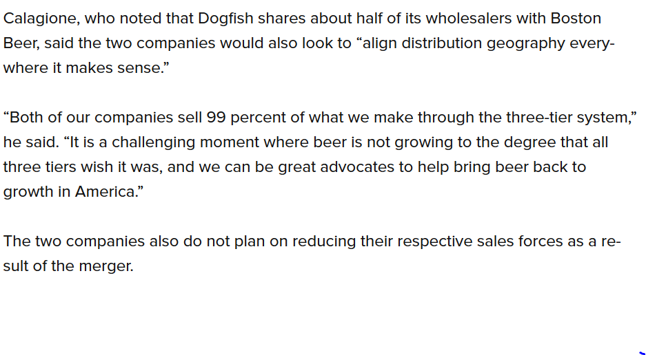  $SAM patience+discipline in craft beer acquisition of Dogfish1 Paid 2.5x rev ($300M) vs  $STZ Ballast Point deal ($1B) at 9x rev2 Founders roll equity into  $SAM stock3 Deal premised on rev synergies via distribution expansion, not cost/cutting sales  https://www.brewbound.com/news/boston-beer-company-and-dogfish-head-agree-to-merge-in-300-million-deal