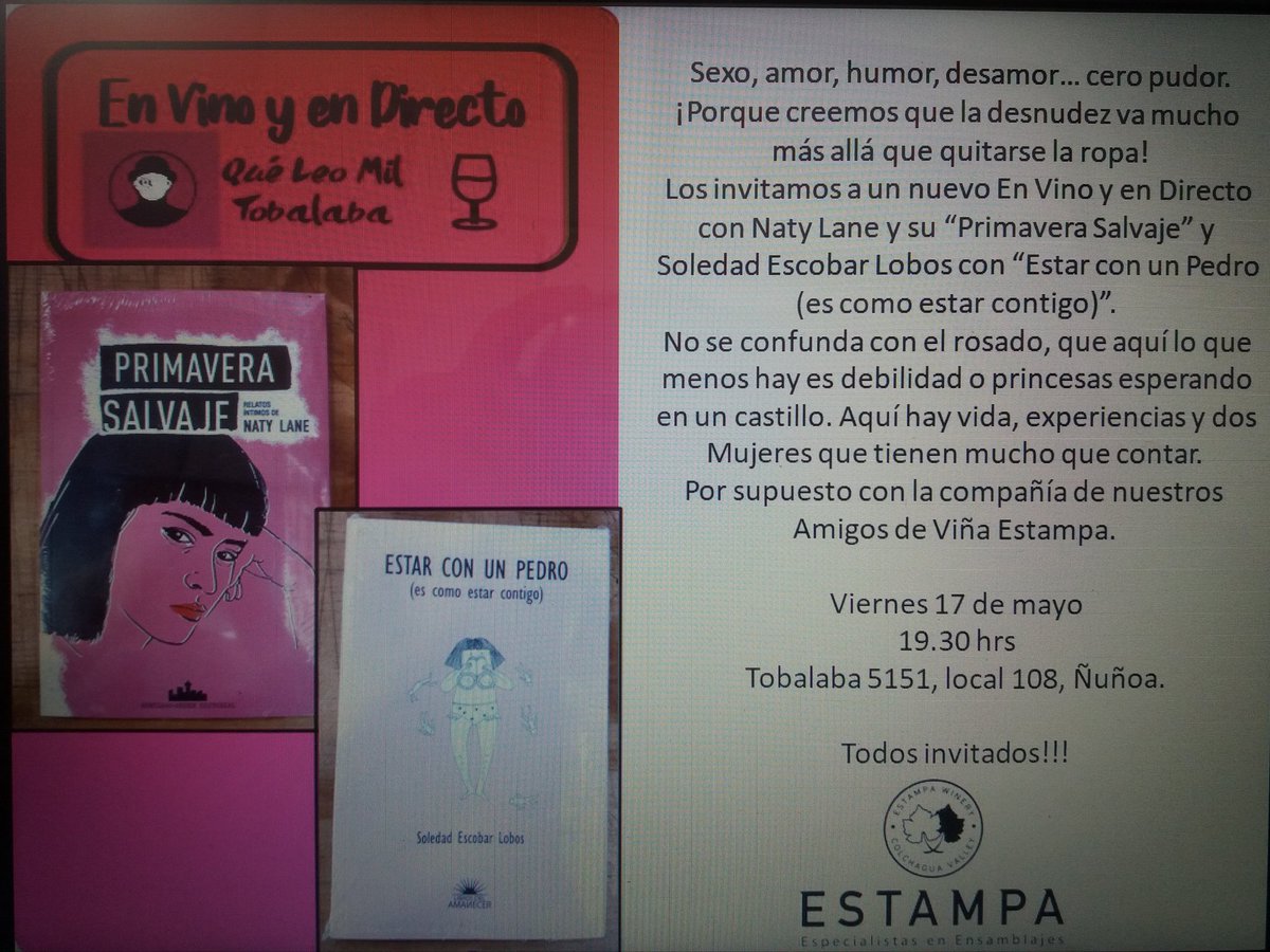 Próximo viernes 17 de mayo conversamos En Vino y en Directo con dos escritoras <a href="/soleescobar/">soledad escobar</a> y @naty__lane, que nos hicieron reír, sentir, pensar y reflexionar con sus historias. Todos invitados para hablar de sexo, amor y rock and roll!
Con la dulce compañía de @estampawine