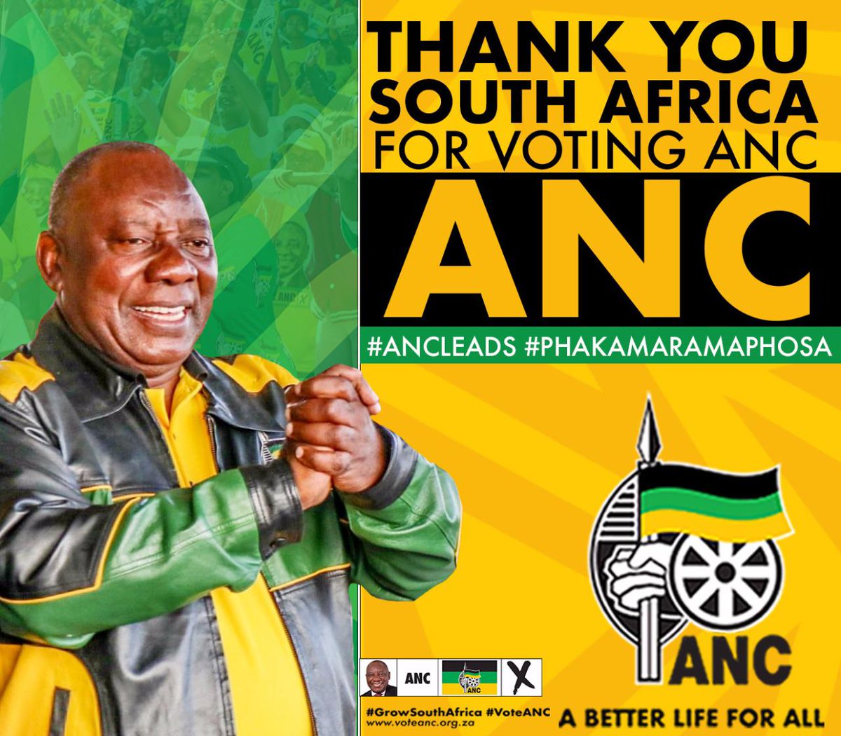 GautengANC's tweet photo. 🖤💚💛 ANC Gauteng 🖤💚💛
Would like to thank all the ANC members &amp; supporters who participated in the 2019 National &amp; Provincial Elections. 

We are genuinely gratefull &amp; humbled by your votes.

#ThankYouForVotingANC 
#ANCLeads 
#PhakamaRamaphosa https://t.co/Njmb4Wfl90