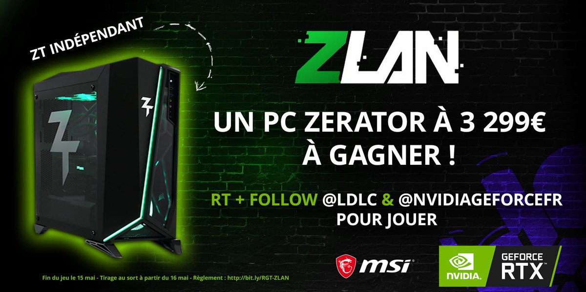 Concours #ZLAN 🎁

Un PC ZT Indépendant à 3299€ à gagner ! 💚 Spoil : la bête est propulsée par une NVIDIA GeForce RTX 2080 Ti 🔥🚀

👉 Pour participer Follow <a href="/LDLC/">LDLC</a> et <a href="/NVIDIAGeForceFR/">NVIDIA GeForce FR</a> + RT ce tweet

🎁 Le PC : bit.ly/JeuZLAN

TAS à partir du 16 mai 🎟

Bonne chance 🍀