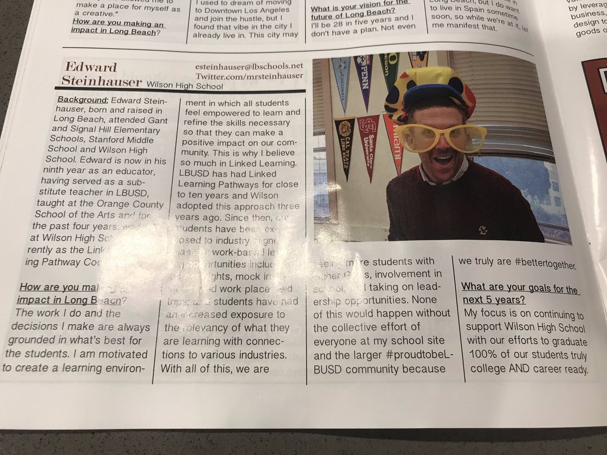 One of our awesome #LinkedLearning #pathways Coordinators getting recognized by the <a href="/908magazine/">Long Beach 908</a> for his impact on the Long Beach community! Shout out to <a href="/MrSteinhauser/">Edward Steinhauser</a> 🎉👏👏 #ProudToBeLBUSD