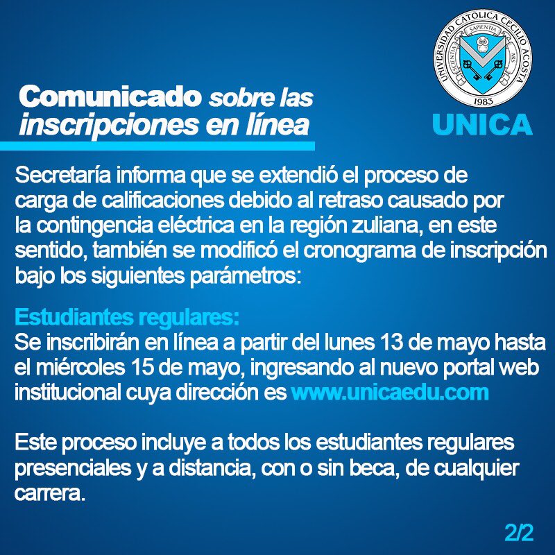 UNICAeduve's tweet photo. #ComunicadoUNICA sobre el proceso de inscripción en línea que realizaremos a través de la nueva página web institucional https://t.co/X96LnM1qjS, dirigido a los nuevos ingresos y estudiantes regulares.
¡Corre la voz!
Gracias por la amable comprensión. #GenteUNICA #LARI2019 https://t.co/B8Y0rtLGc6