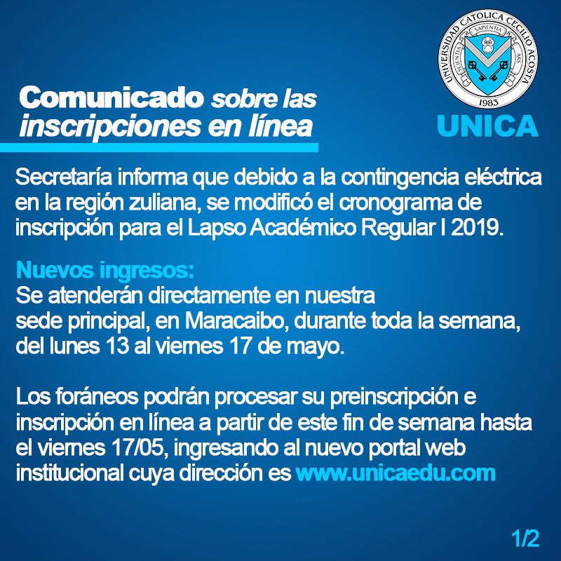 UNICAeduve's tweet photo. #ComunicadoUNICA sobre el proceso de inscripción en línea que realizaremos a través de la nueva página web institucional https://t.co/X96LnM1qjS, dirigido a los nuevos ingresos y estudiantes regulares.
¡Corre la voz!
Gracias por la amable comprensión. #GenteUNICA #LARI2019 https://t.co/B8Y0rtLGc6