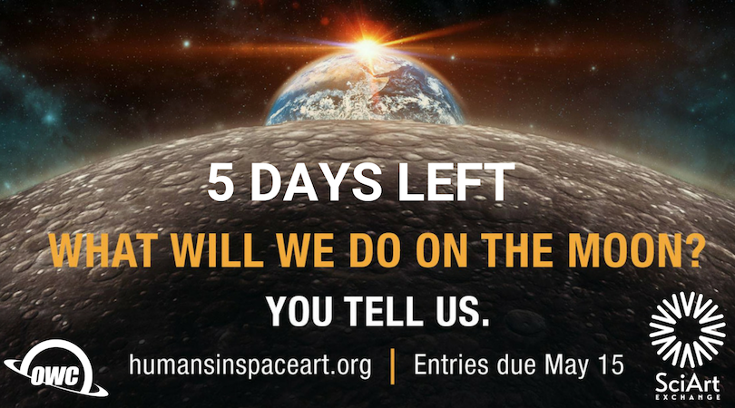 SpaceArtSAE's tweet photo. Only 5 days left for the #HumansInSpaceArt Youth Competition! Share your vision thru visual, literary, musical or video art! Entries due May 15. Open internationally for ages 10-18. #BeInspired #BeCreative #BeHeard https://t.co/Xa00bZnJI9 #WelcometotheMoon #SciArt https://t.co/XiwP8kKWSJ