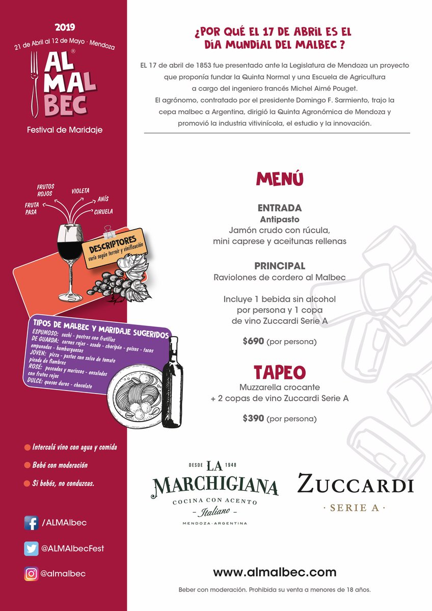Menú #ALMAlbec de <a href="/LaMarchigiana/">La Marchigiana</a> junto a <a href="/ZuccardiWines/">Zuccardi ValleDeUco</a> 🍷🍴 
Reservá a través de bit.ly/LaMarchigianaA… … o desde la app de <a href="/GuiaMendozaGour/">Guia Mendoza Gourmet</a>

#TeInvitamosALMAlbec #MalbecWorldDay