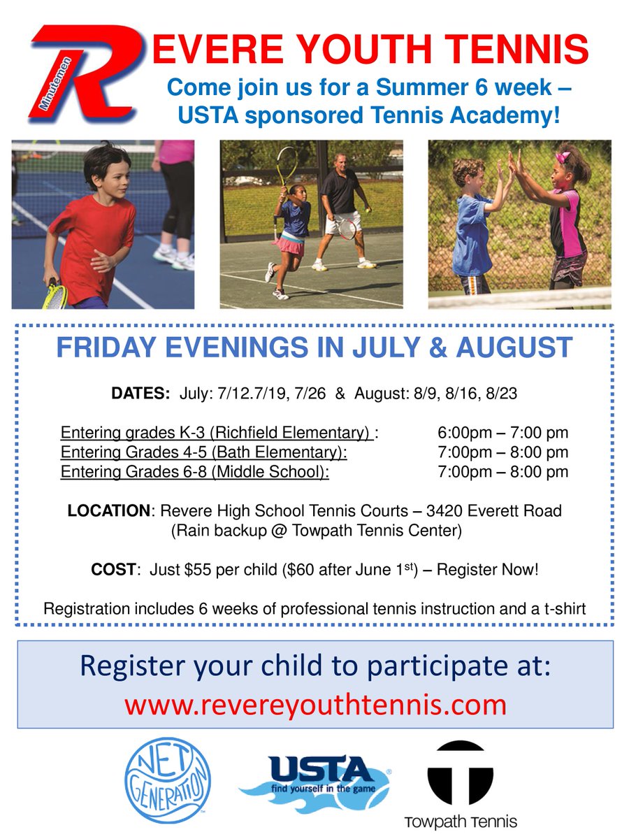 BretFaber's tweet photo. Revere families...join us on Friday nights in July &amp; August for Revere Youth Tennis academy! More details @  https://t.co/HflCZweY5X   @gulley_julie @HillcrestK3 @BathElementary @RevereLocal https://t.co/YJx5mrDYBj