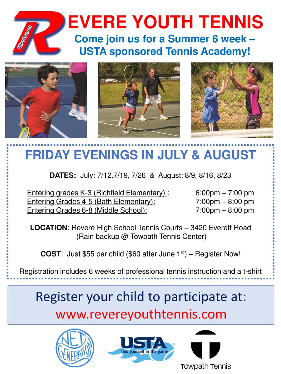 Revere families...join us on Friday nights in July & August for Revere Youth Tennis academy! More details @  revereyouthtennis.com   @gulley_julie @HillcrestK3 @BathElementary @RevereLocal